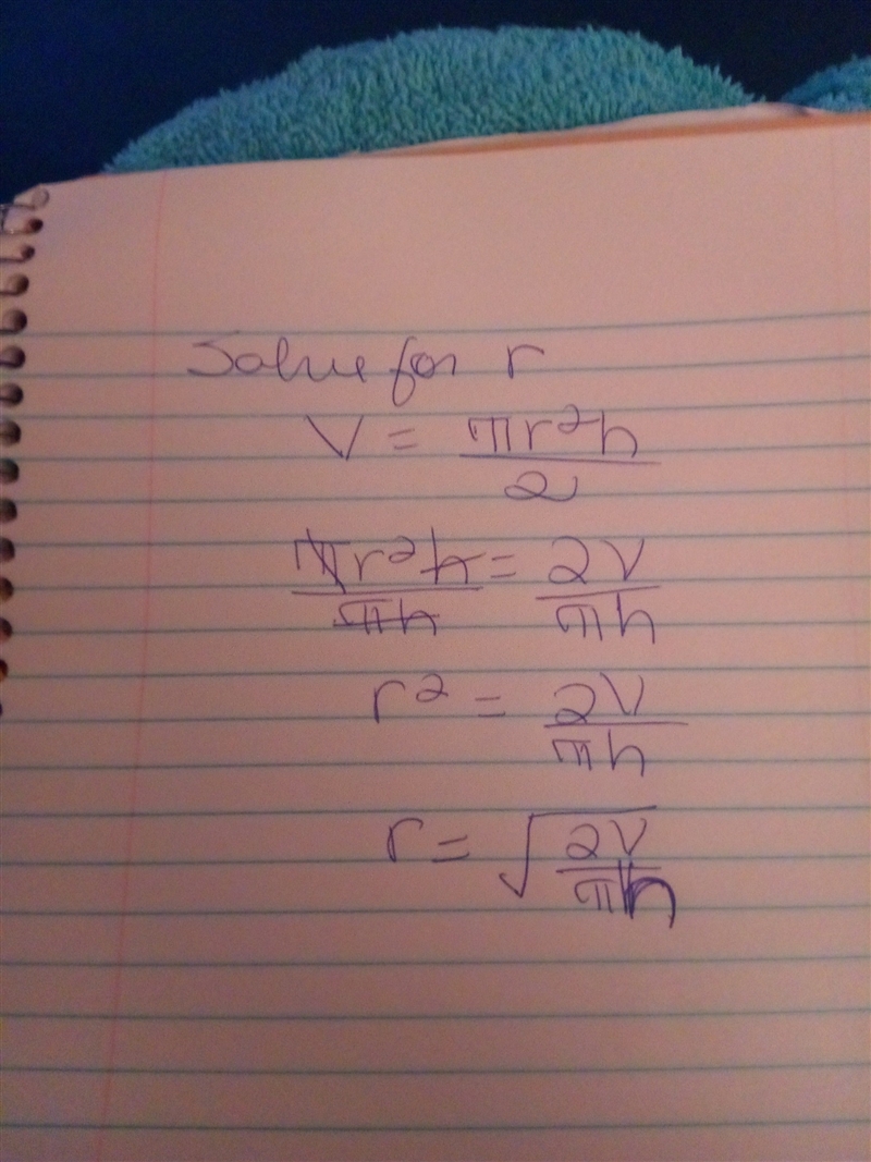 Solve for r V=(pier^2h)/2-example-1