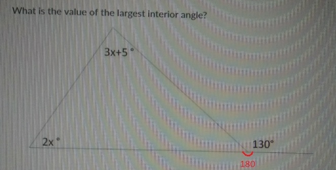 Can someone help find the value of the largest interior angle?-example-1