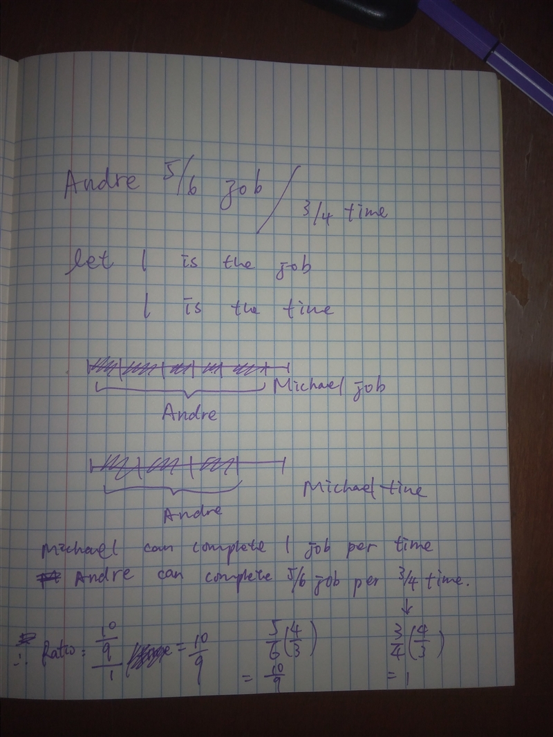 Andre can complete 5/6 of a job in 3/4 of the time that it takes Michael to do the-example-1