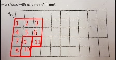 Here is a centimetre square grid. Draw a shape with an area of 11cm squared.-example-1