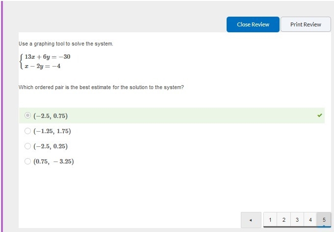 Use a graphing tool to solve the system. {13x+6y=−30x−2y=−4 Which ordered pair is-example-1