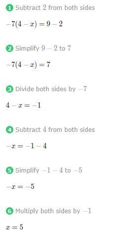 2-7*(4-x)= 9 what is the value of x-example-1