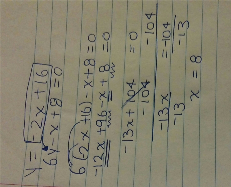 Solve the system using substitution y= -2x + 16 6y -x + 8= 0 30 points-example-1