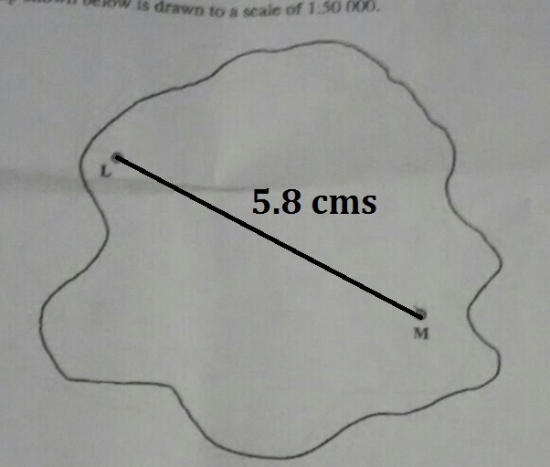 The map shown is scale of 1:50 000 1) measure and state in centimeters the distance-example-1