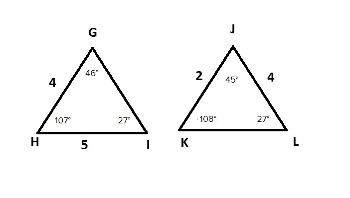 Are the two triangles below similar? Triangles GHI and JKL are shown. Angle G equals-example-1