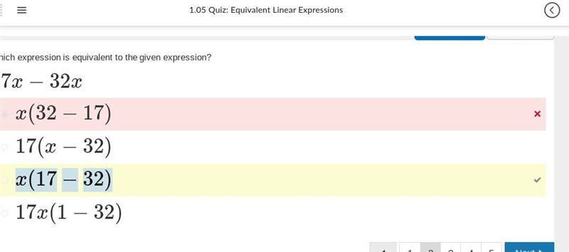 Which expression is equivalent to the given expression? 17x−32x x(17−32) x(32−17) 17x-example-1