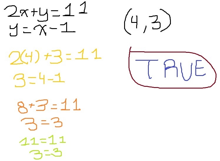 (4, 3) is a solution to the following system of equations: 2x+y=11 y=x−1 True False-example-1