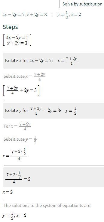 What are x and y? 4x-2y=7 x+2y=3-example-1