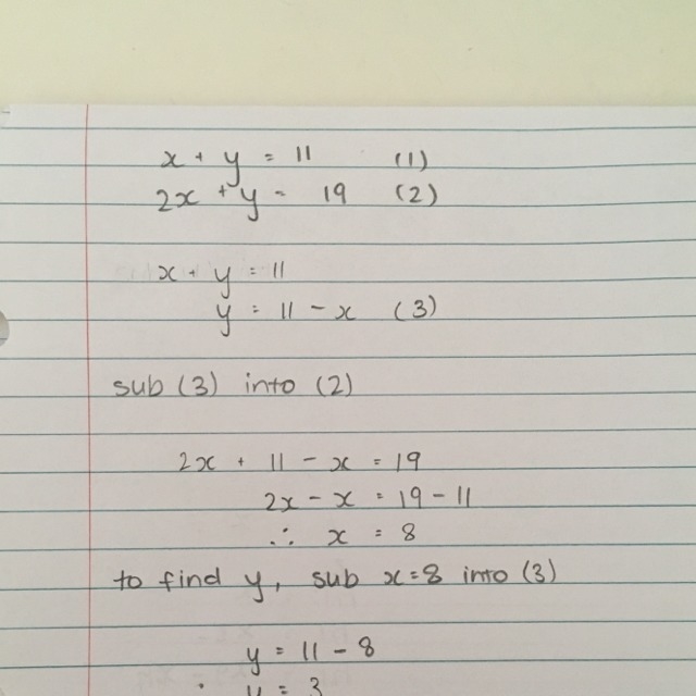 X-y=11 2x+y=19 Can someone explain the process to get the answer. please.-example-1