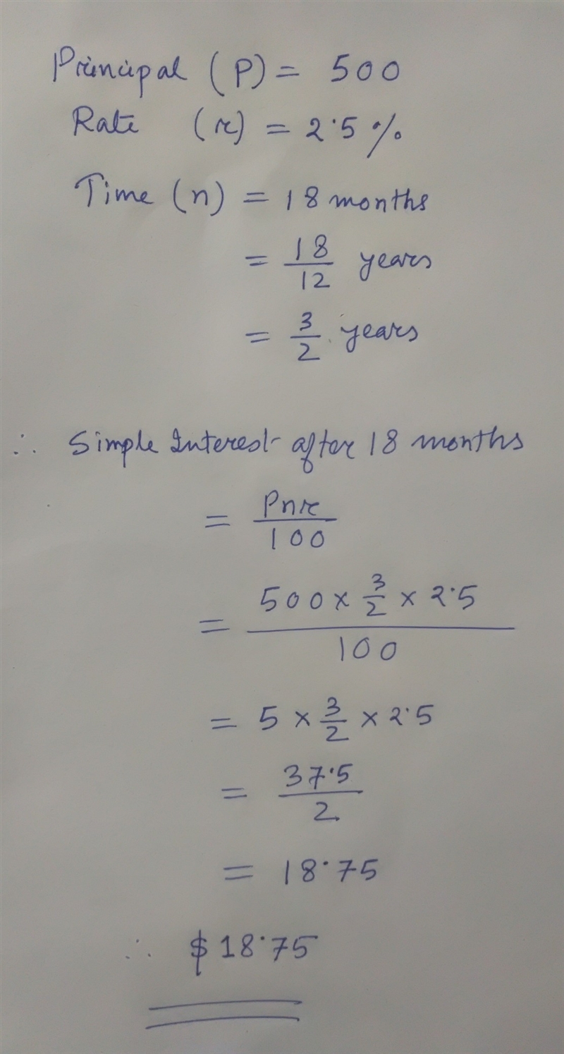 Brenda deposits $500 in a savings account that pays a simple interest rate of 2.5% per-example-1