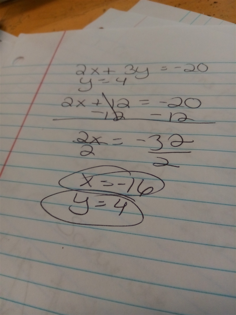 Solve the system by substitution y=4 2x+3y=-20-example-1