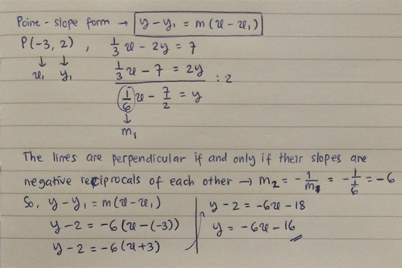 write the equation of the line that passes through the point (-3,2) and is perpendicular-example-1