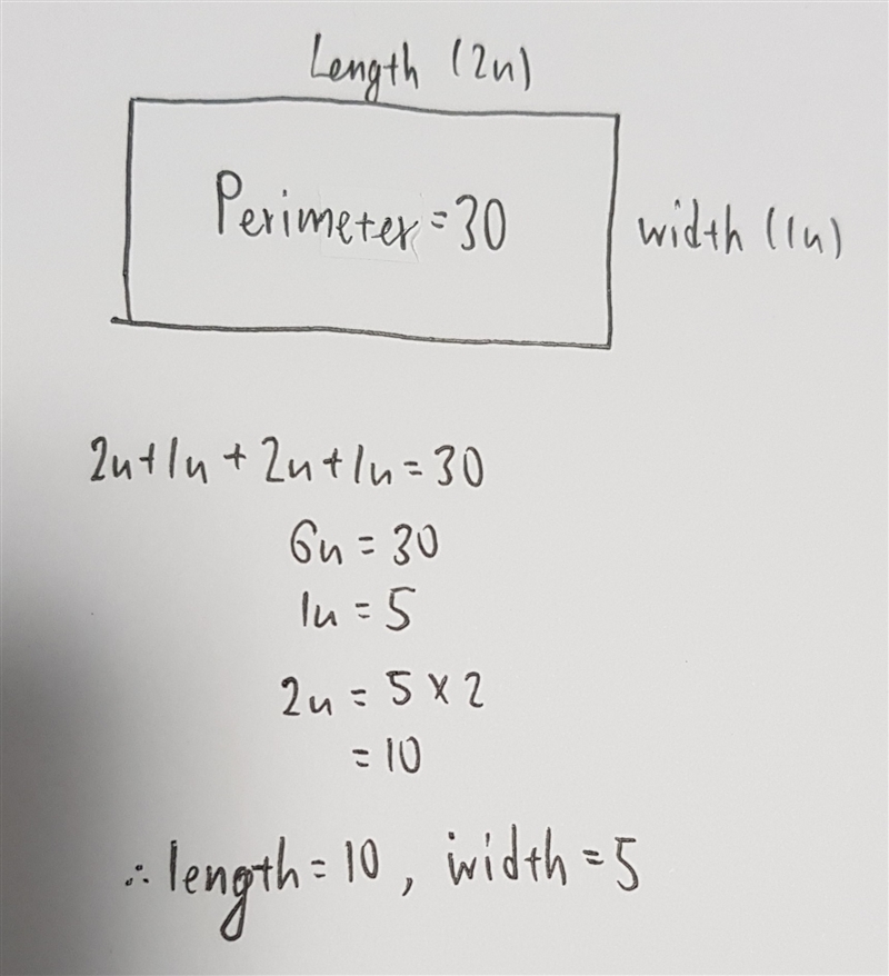 The length of a rectangle is twice it’s width. The perimeter is 30. Find the dimension-example-1