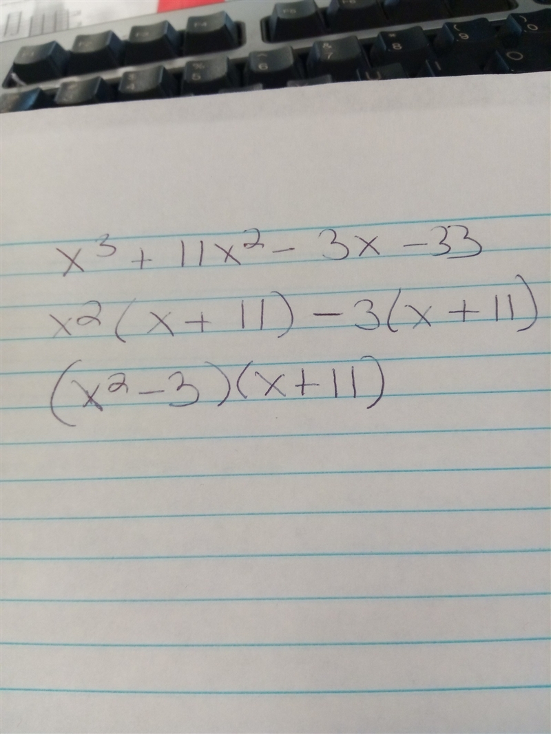 Which polynomial is prime x3+11x2-3x-33 by grouping-example-1