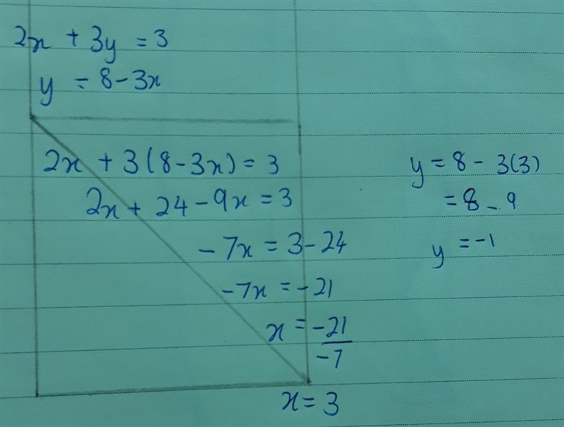 Use the system of equations to answer the questions. 2x + 3y = 3 y = 8 – 3x-example-1