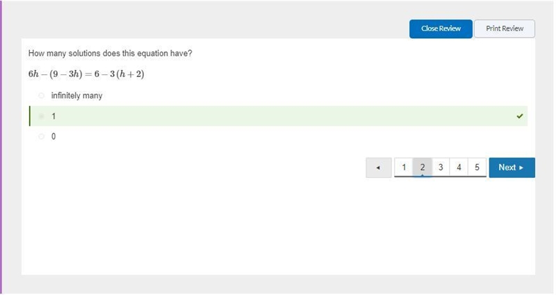 How many solutions does this equation have? 6h-(9-3h)=6-3(h+2) A) 1 B) 0 C) infinitely-example-1