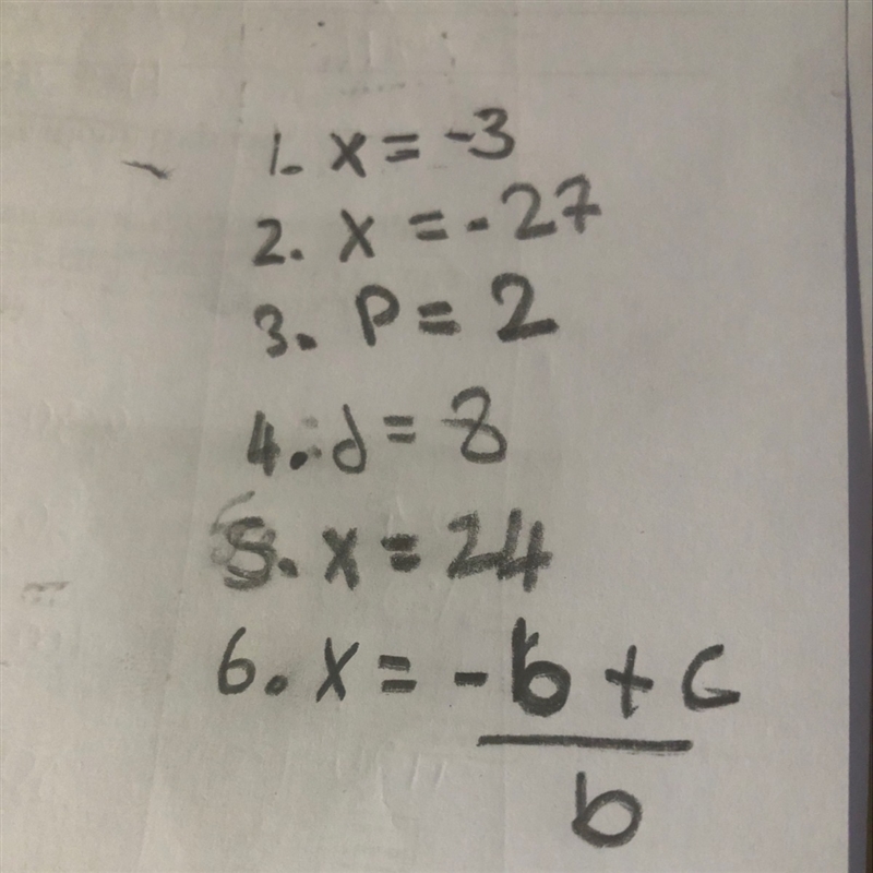 Solve for x, show work 1. 2x= - 6 2. x + 12= -15 3. 8p - 3=13 4. 8j - 5 + j =67 5. 3(2x-example-1