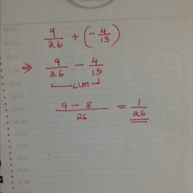 The sum of 9 over 26 and - 4 over 13 is-example-1