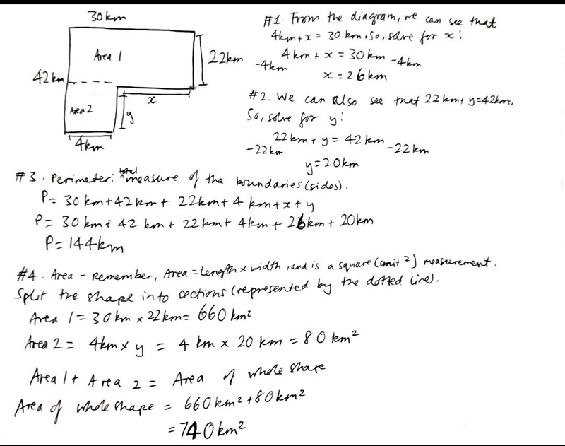 Find the perimeter and area of the following shape. Show formula and work! First, find-example-1