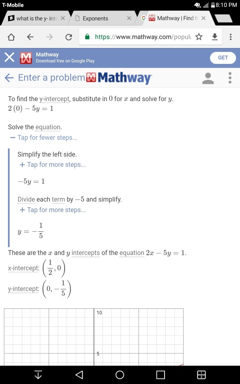 What is the y- intercept of the graph of the equation 2x+5y=1-example-1