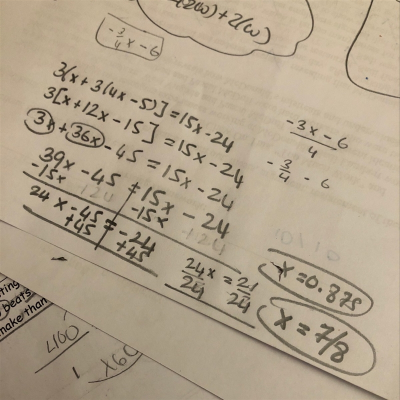 Which equation is equivalent to 3[x + 3(4x – 5)] = 15x – 24?-example-1