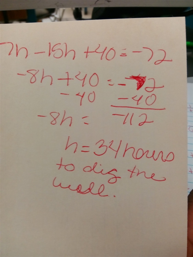 Pieter wrote the equation 7h – 5(3h – 8) = –72 to model the number of hours it takes-example-1