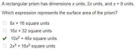 A rectangular prism has a dimension x units ,2x units and x+8 units . Which expression-example-1