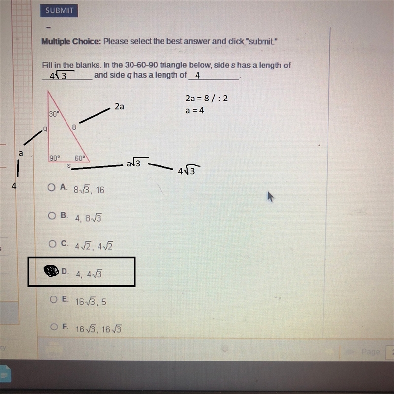 Fill in the blanks. In the 30-60-90 side s has a length of ___ and side q has a length-example-1