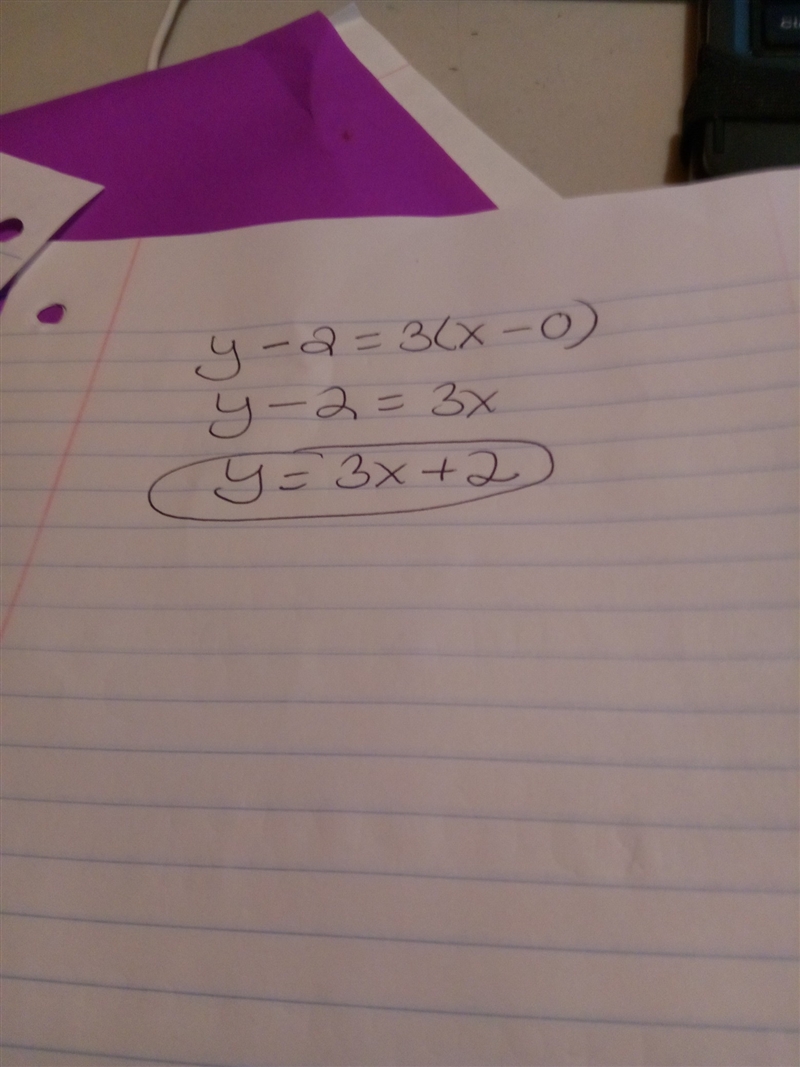 Write an equation for the line, given that M=3 and the Y intercept is (0,2)-example-1