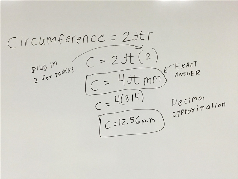 The radius of a circle is 2 millimeters.what is the circles circumference ?-example-1