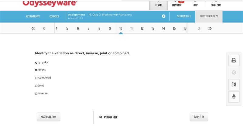 Identify the variation as direct, inverse, joint or combined. V = r²h-example-1