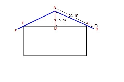 The length of each rafter for a roof is 60 m including a 1 m overhang. The peak is-example-1