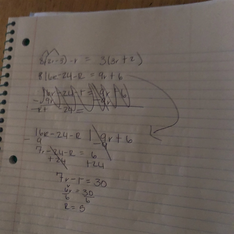 If 8(2r-3)-r=3(3r+2) what does r equal-example-1