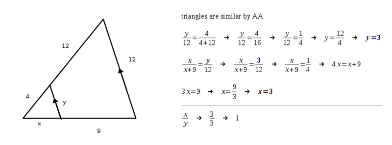 In the figure the segment is parallel to one side of the triangle. The ratio of x-example-1