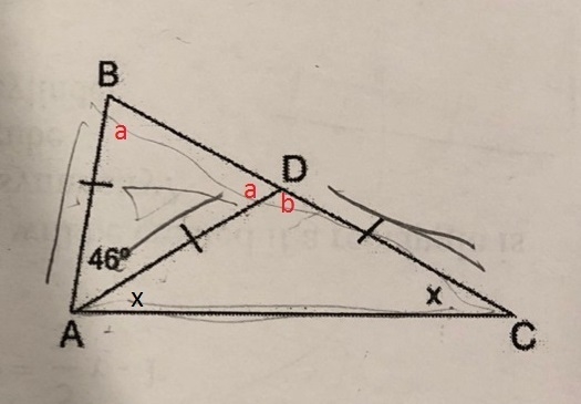 In triangle ABC angle BAD is 46° find BCA and AB=AD=AC-example-1