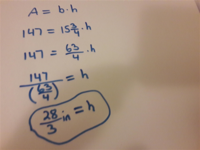 What is the height of a parallelogram with a 15 3/4 base and an area of 147 inches-example-1