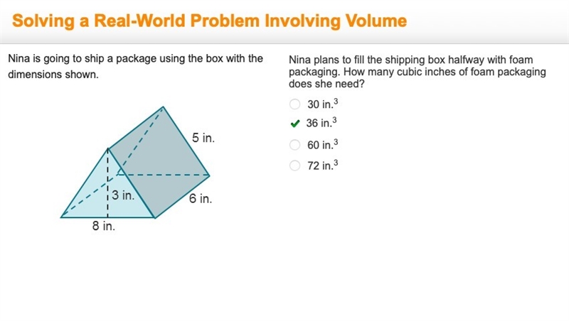 Nina plans to fill the shipping box halfway with foam packaging. How many cubic inches-example-1