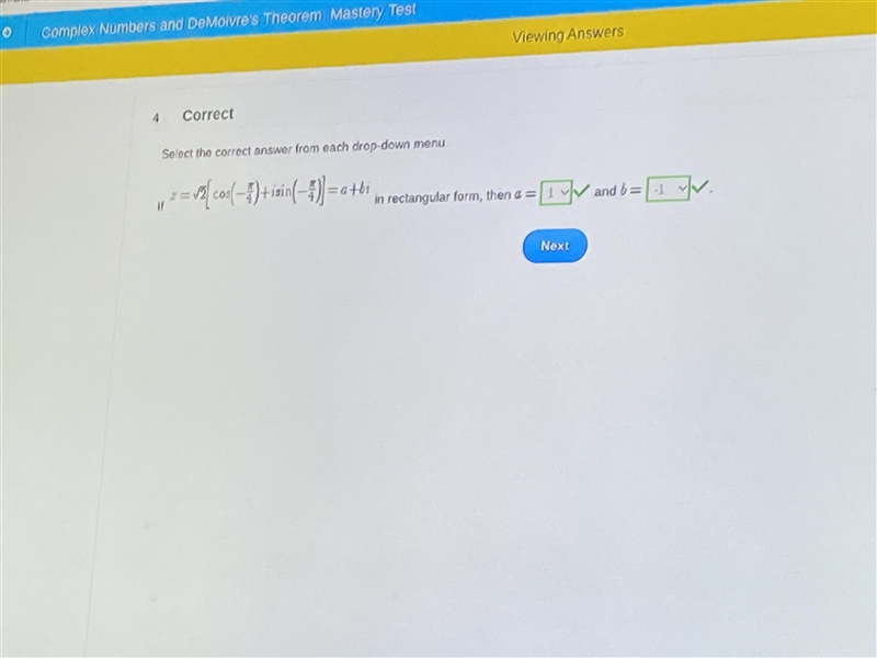 Z=sqrt 2[cos(-pi/4)+isin(-pi/4)]=a+bi what is a and b?-example-1