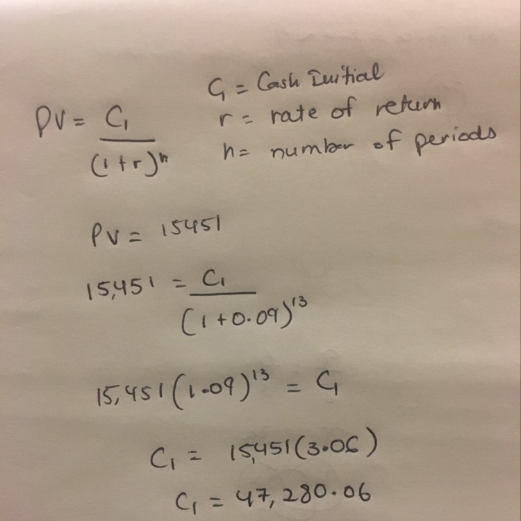 Present value with 13 years, 9% interest rate, future value of 15,451-example-1