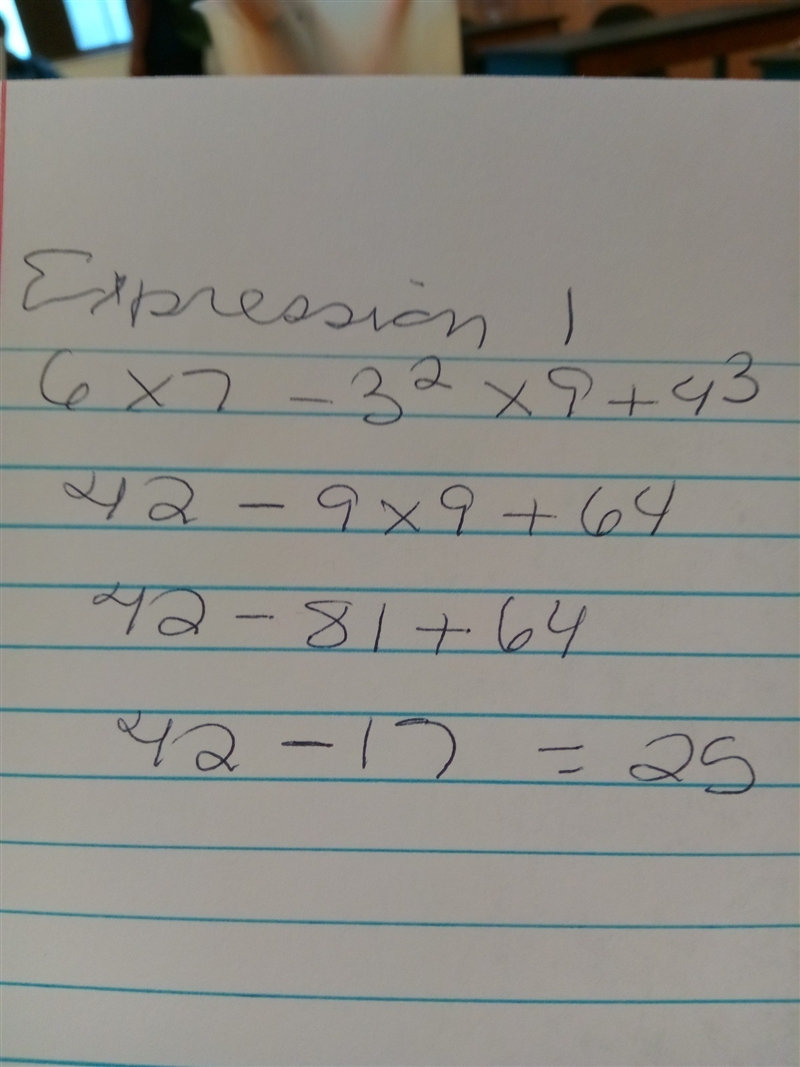 Expression 1 6 x 7 – 3^2 x 9 + 4^3 = Expression 2 5 + 4 x 2 + 6 – 2 X 2 - 1 (a) What-example-1