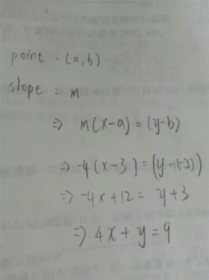 What do i do for point-slope formula if my piont are (3,-3) and my slope is -4 ?-example-1