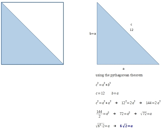 Find the perimeter of a square of whose diagonal measures 12cm-example-1