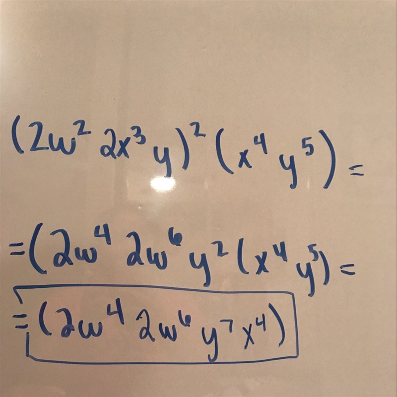 (2w^2 x^3 y)^2 (x^4 y^5)-example-1