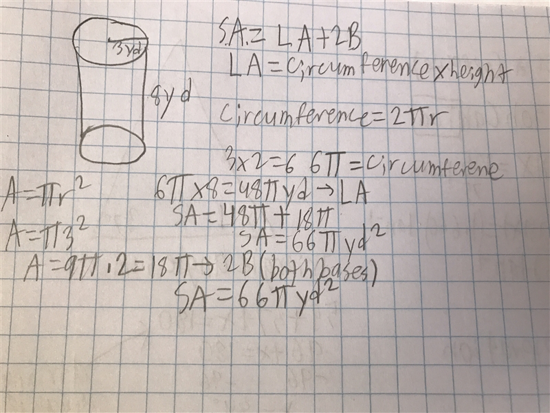 Find the surface area of a cylinder with a height of 8 yd and a base radius of 3 yd-example-1