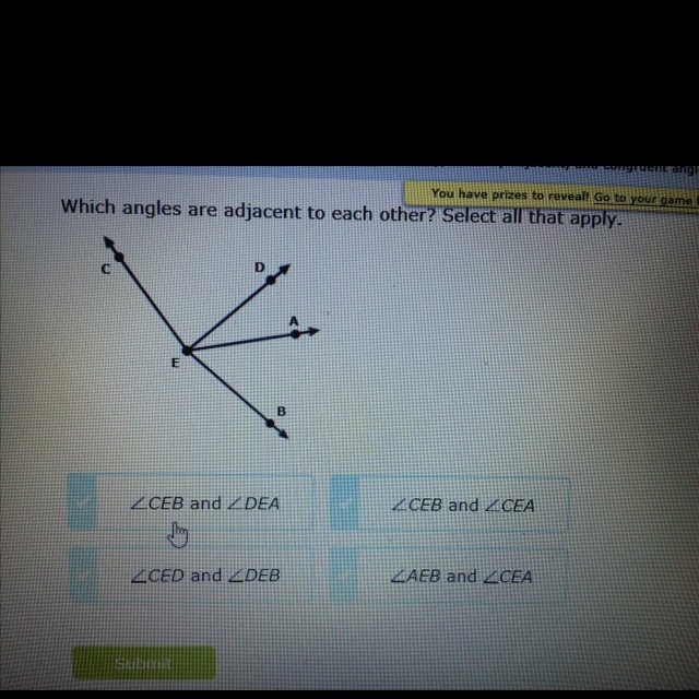 Which angles are adjacent to each other select all that apply-example-1