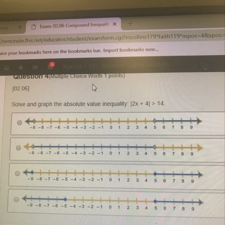 Solve and graph the absolute value of the inequality |2x+4|>14-example-1