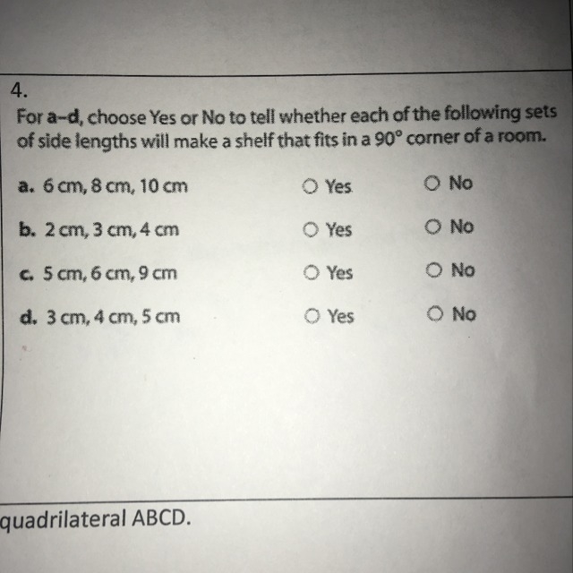 For a-d, choose Yes or No to tell whether each of the following sets of side lengths-example-1