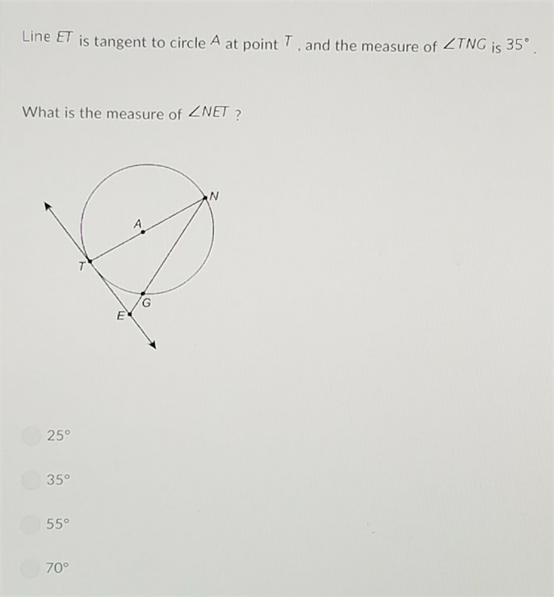 Line ET is tangent to circle A at point T and the measure of angle TNG is 35.-example-1