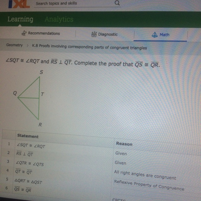 How is triangle QRT congruent to triangle QST? Is it by SAS, AAS, ASA, SSS, the definition-example-1