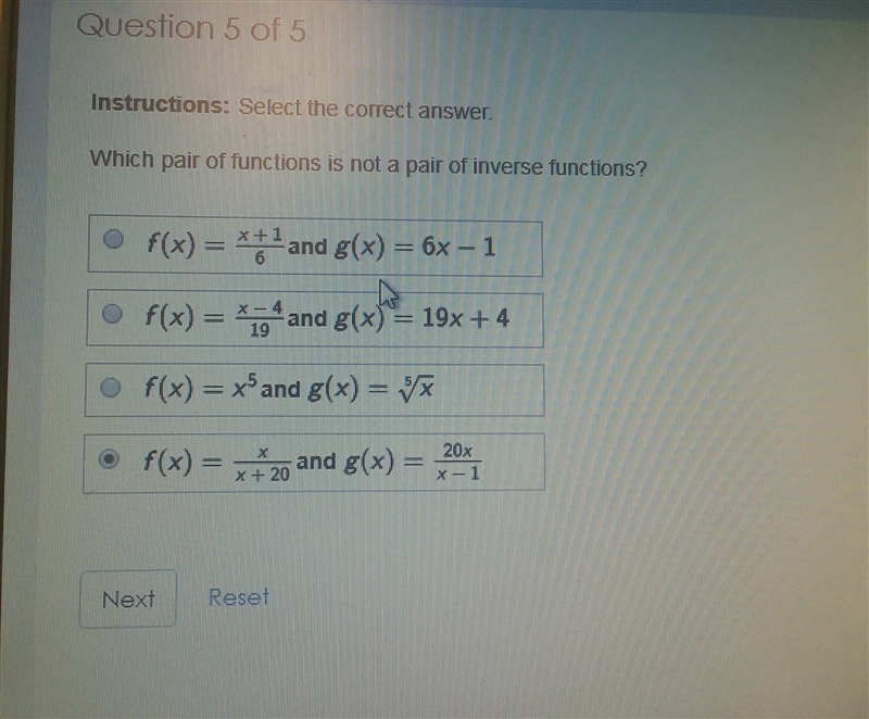 Which pair of funtions is not a pair of inverse functions? please help!!-example-1